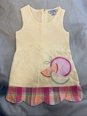 Hartstrings Yellow Tank Dress with Citrus Appliqué and Plaid Hem